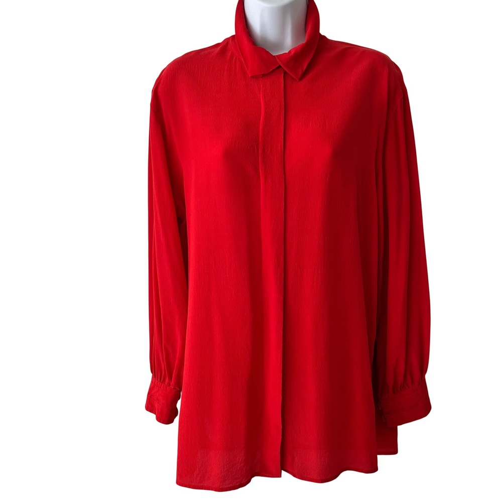 GTI Silk House 100% Silk Blouse Tunic Long Sleeve Red 90s Minimalist Preppy
